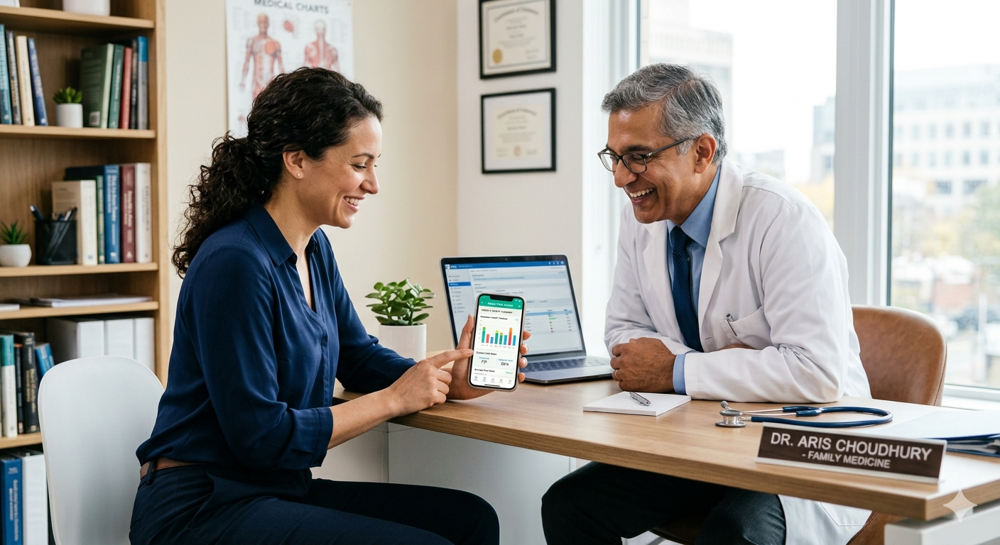 A patient sharing a detailed health tracking report with their doctor on a smartphone