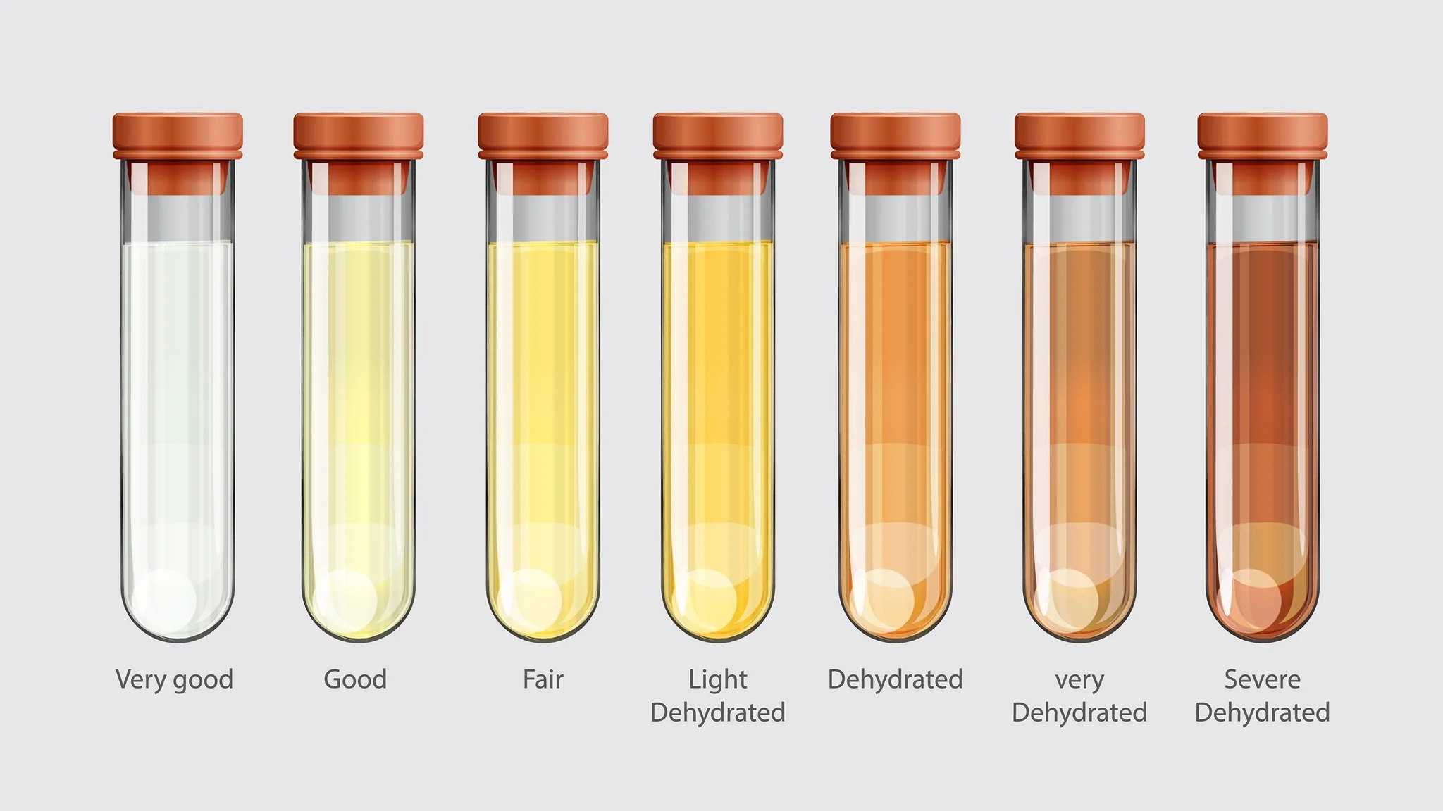 A clinical urine color chart showing the spectrum from optimal pale yellow to severely dehydrated dark amber