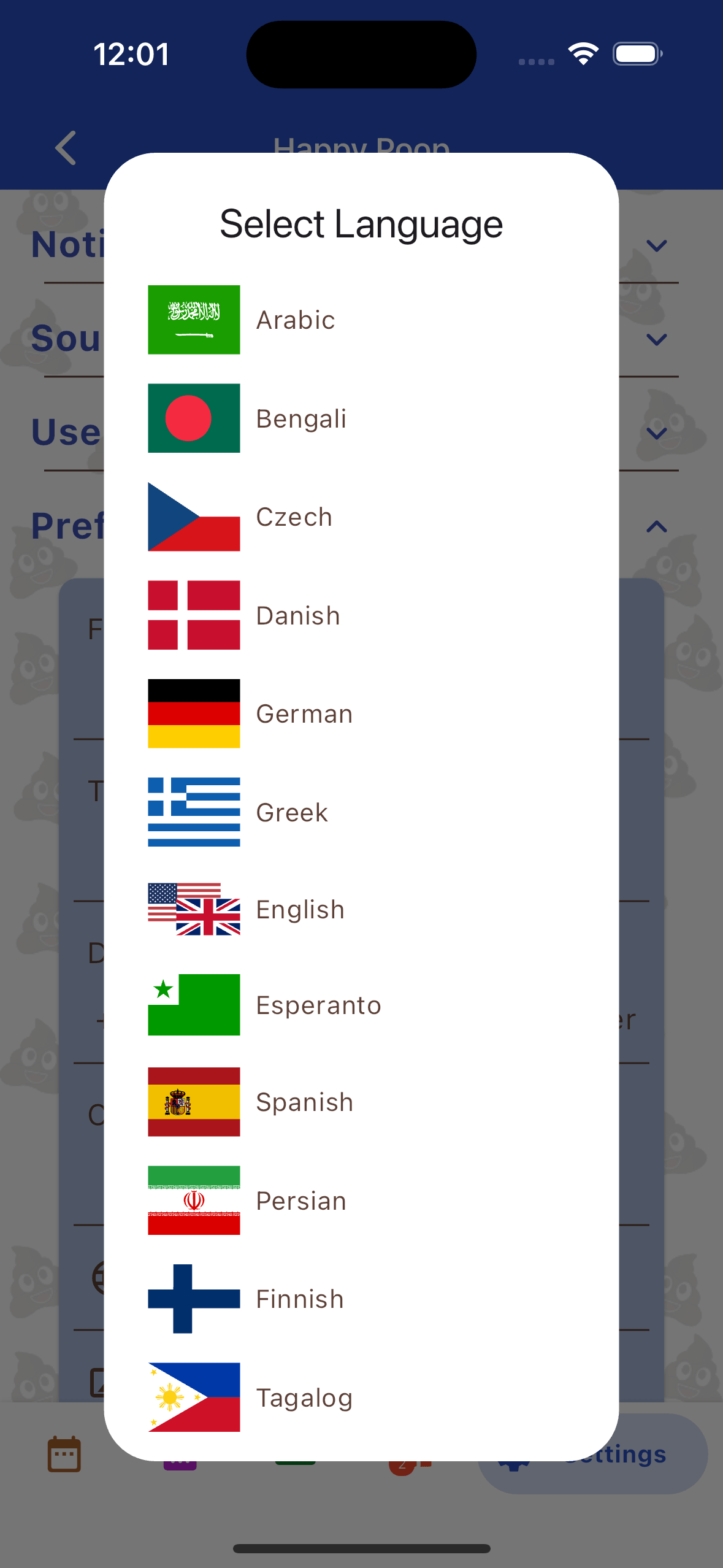 ettings menu showing the available languages