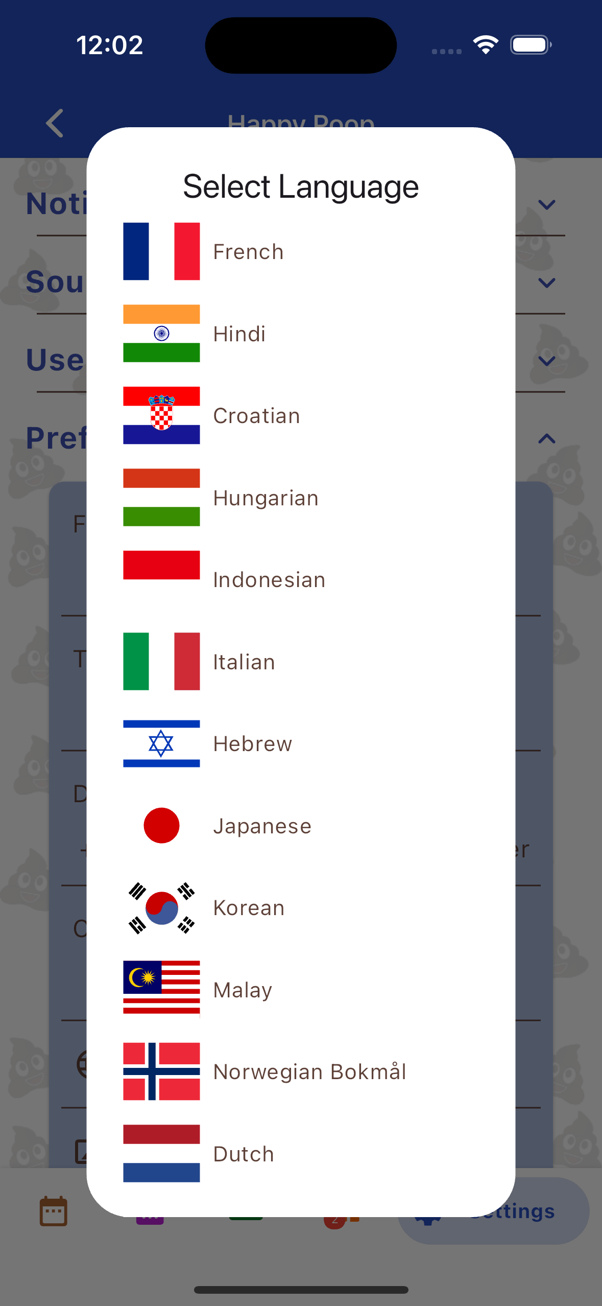 ettings menu showing the available languages