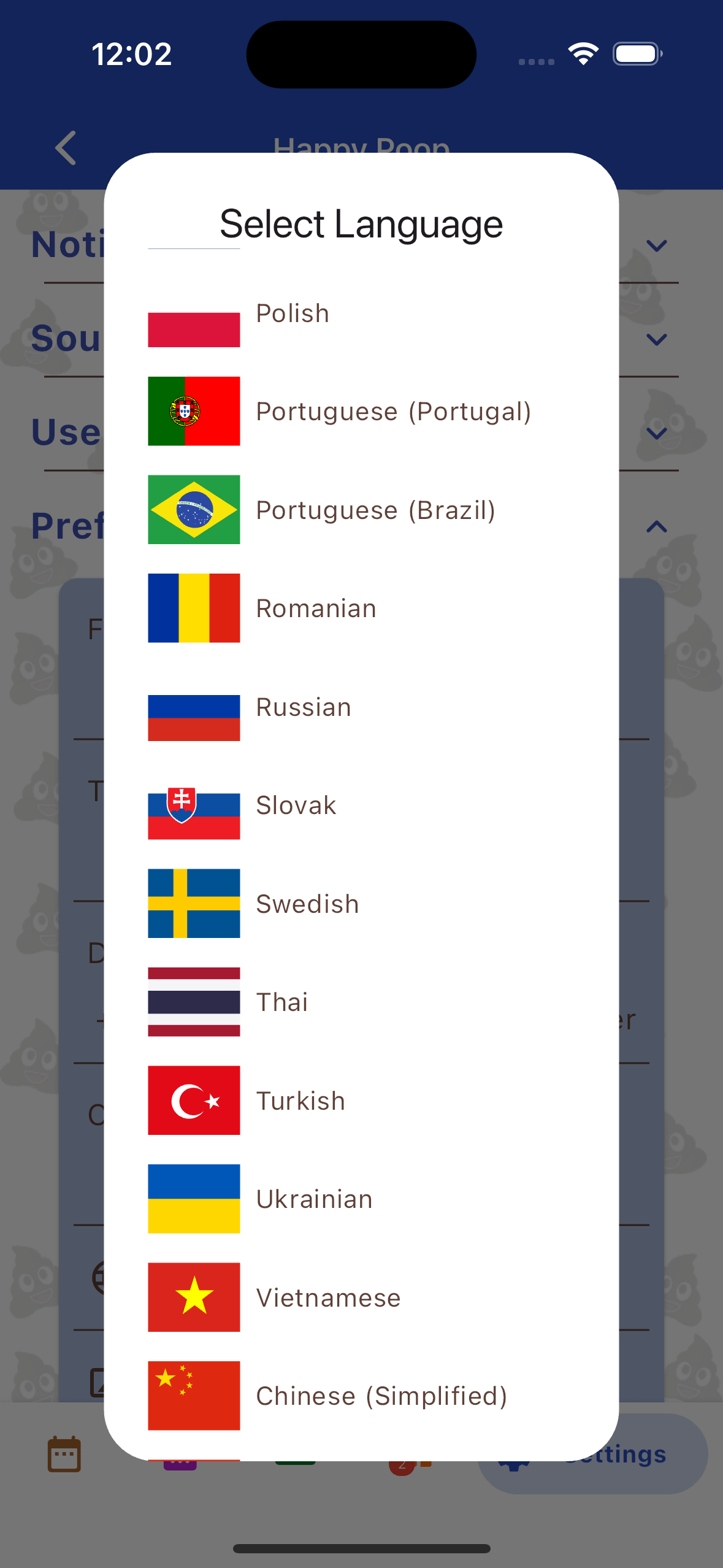 ettings menu showing the available languages