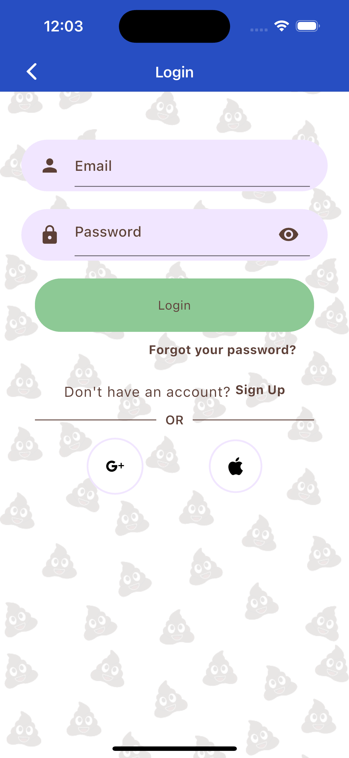 Login/Registration screen under Settings > User > Login