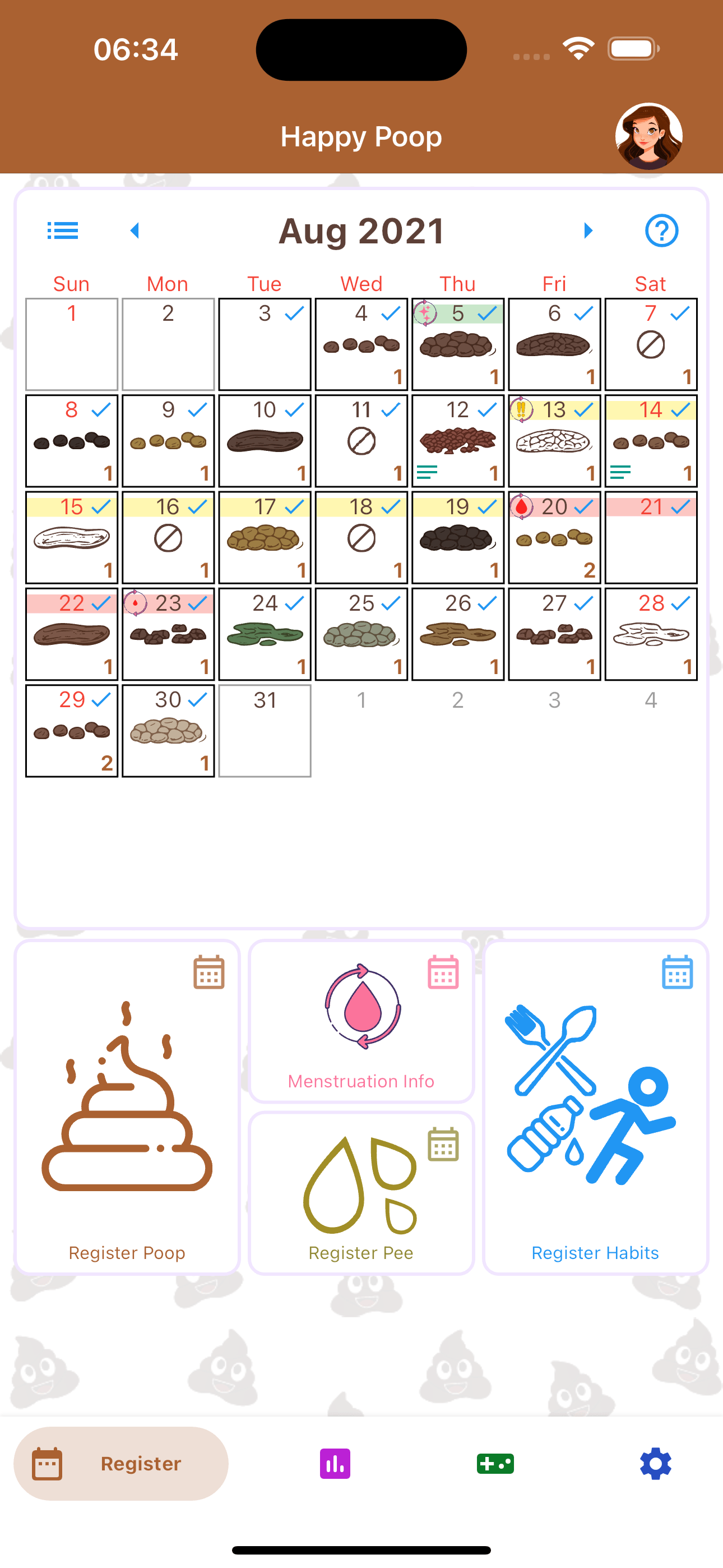 The Register Tab showing the Calendar and the 4 Quick-Log buttons