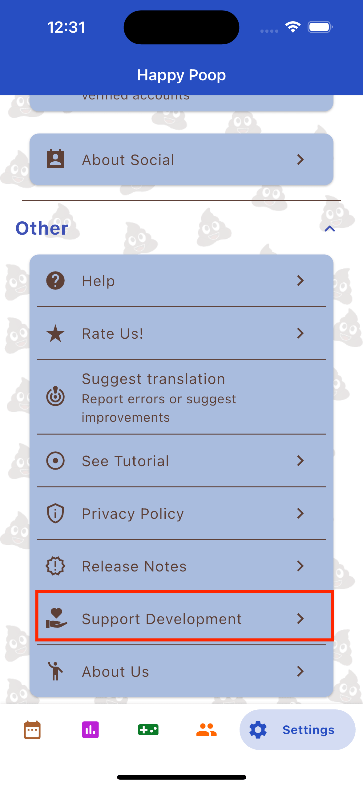 Settings menu showing the 'Support Development' option