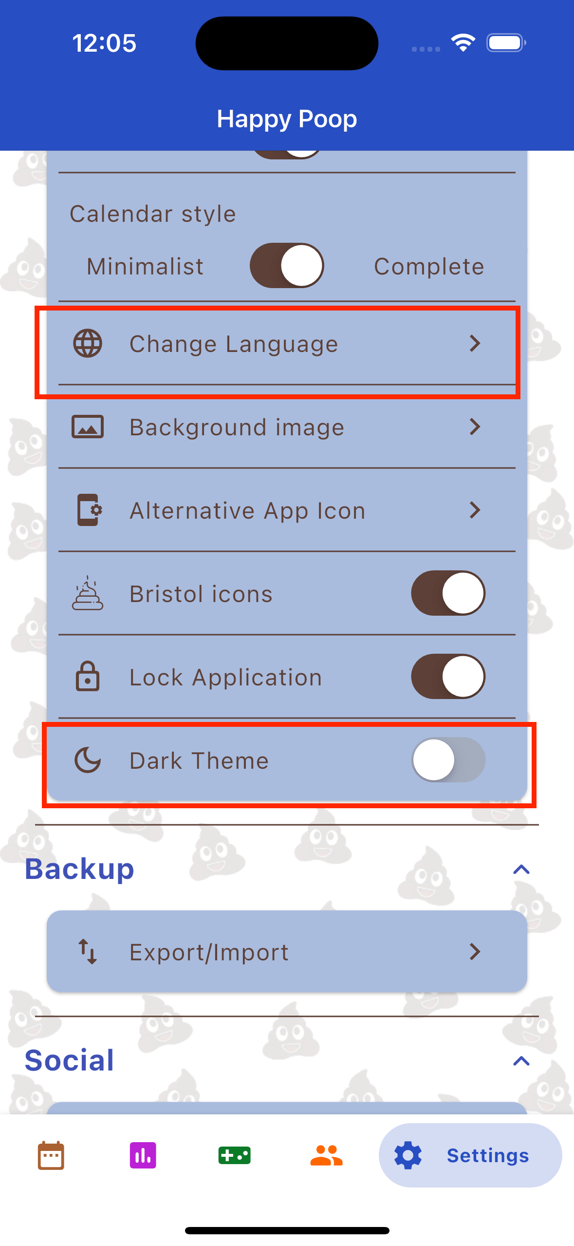 Settings menu showing the Theme toggle and the Language selection button